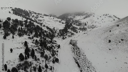 Mountains near Bishkek at winter with snow. Kashka Suu. Aerial drone view. Flying over. High quality 4k footage photo