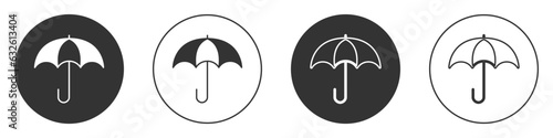 Black Umbrella icon isolated on white background. Insurance concept. Waterproof icon. Protection, safety, security concept. Circle button. Vector