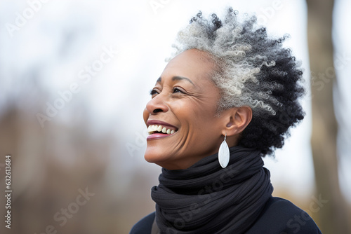 Portrait profile stylish elegant senior african american happy woman looking away outdoors photo