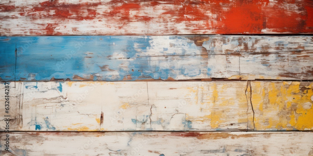 Antique plank texture with white, red, yellow, and blue cracks. Horizontal background with planks of different colors. Antique plank texture with white, red, yellow, and blue cracks. Horizontal background with planks of different colors.
