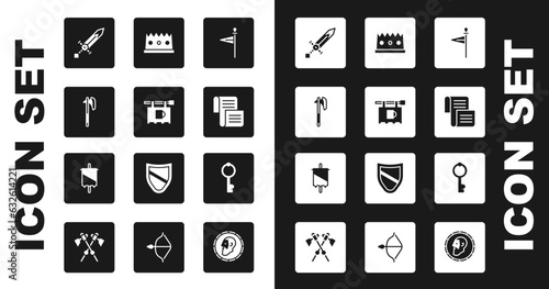 Set Medieval flag, Street signboard with Bar, axe, sword, Decree, parchment, scroll, King crown, Old key and icon. Vector