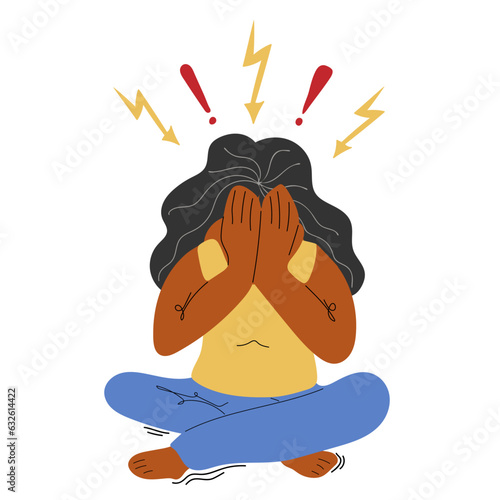 Depressed woman sitting and cover her face with hands. Concept of mental disorder, sorrow and depression. Physical and emotional violence against women. Mental health. Vector illustration.