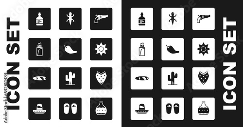 Set Revolver gun, Hot chili pepper pod, Burrito, Tequila bottle, Sun, Lizard, Poncho and Cigar icon. Vector