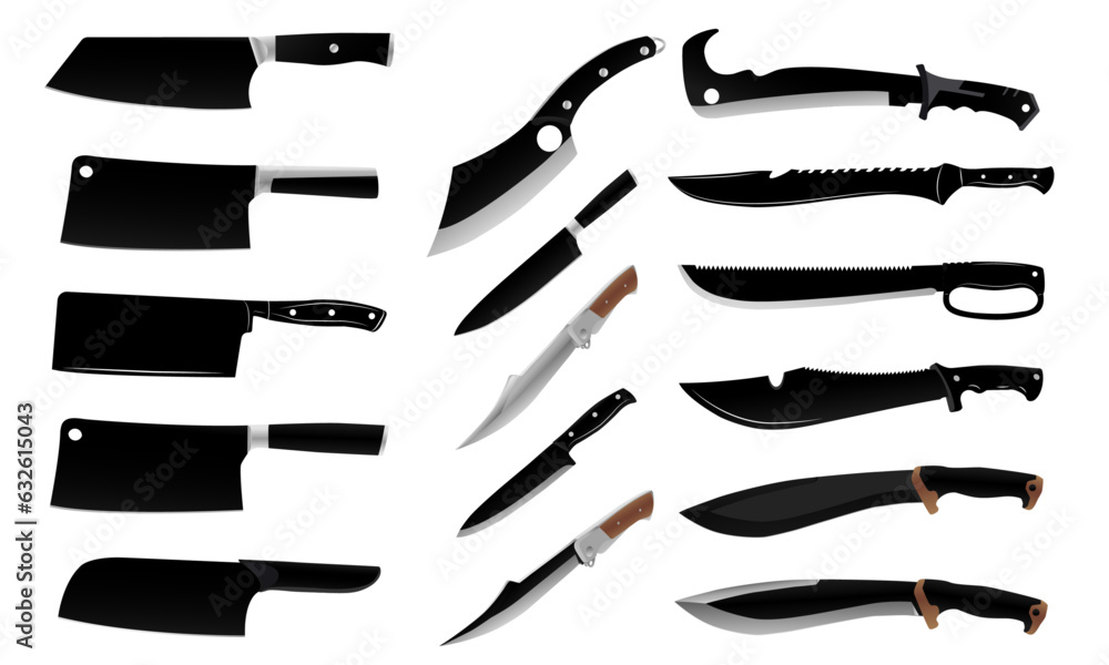 knife icons set - vector realistic different kitchen knives closeup isolated on transparent background. Knife png. Kitchen appliances png.
