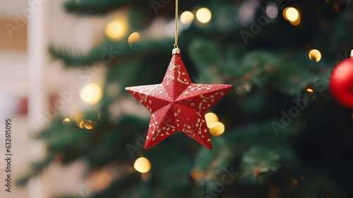 Star decoration hanging on Christmas tree Generative AI