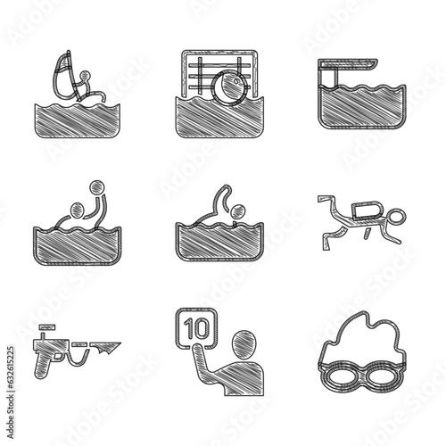 Set Swimmer, Assessment of judges, Glasses for swimming, Scuba diver, Fishing harpoon, Water polo, Diving board springboard and Windsurfing icon. Vector