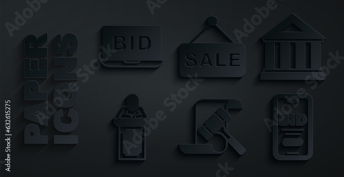 Set Auction hammer, Museum building, auctioneer sells, Online, Price tag with Sale and icon. Vector