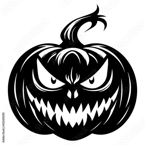 Creepy Jack O Lantern pumpkin black silhouette. Halloween retro vector illustration in grunge style. Black outline art.