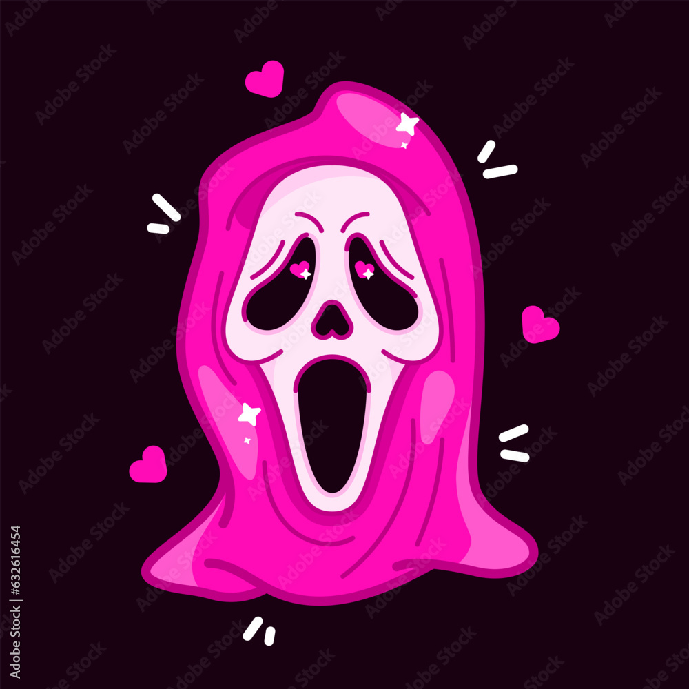 Horror movie mask. Bright pink sticker for halloween. Y2k elements of the 90s, 00s. Doll pink color. Horror movie mask. Bright pink sticker for halloween. Y2k elements of the 90s, 00s. Doll pink color.