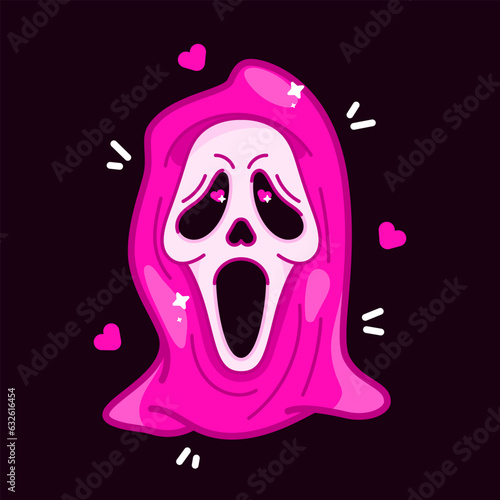 Horror movie mask. Bright pink sticker for halloween. Y2k elements of the 90s, 00s. Doll pink color.