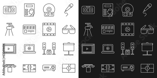 Set line Old film movie countdown frame, Projection screen, 3D cinema glasses, CD or DVD disk, Movie clapper, Tripod, VHS video cassette tape and Play Video icon. Vector