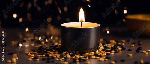 Close up of luxury candle on black background with warm candlelight, golden particles, confetti,coffee grain.Banner for coffee shop, cafe restaurant. Cozy Christmas jazz ambience concept. Generative a