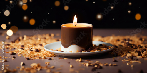 Close up of luxury candle on black background with warm candlelight  golden particles  confetti coffee grain.Banner for coffee shop  cafe restaurant. Cozy Christmas jazz ambience concept. Generative a