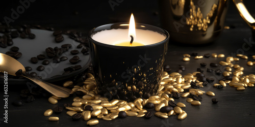 Close up of luxury candle on black background with warm candlelight, golden particles, confetti,coffee grain.Banner for coffee shop, cafe restaurant. Cozy Christmas jazz ambience concept. Generative a