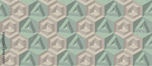 Seamless vector 3D geometric khaki pattern with optical illusions. Op Art. Modern pastel color template for wrapping, cards, fabric, packing. Endless background. Wallpapers. 3D Tile