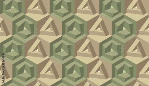Seamless vector 3D geometric khaki pattern with optical illusions. Op Art. Modern pastel color template for wrapping, cards, fabric, packing. Endless background. Wallpapers. 3D Tile