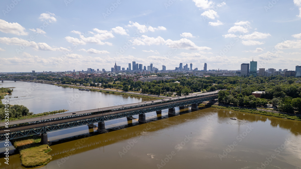 2023.07.29 The Gdańsk Bridge across the Vistula in Warsaw, Poland. The Aerial Shot