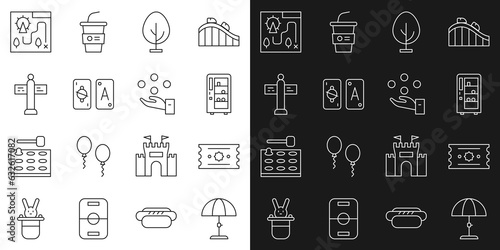 Set line Sun protective umbrella, Ticket, Vending machine, Tree, Tarot cards, Road traffic signpost, Amusement park map and Juggling ball icon. Vector