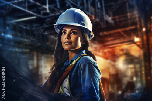 Create an artistic bokeh-inspired painting showcasing a female engineer wearing a white hard hat © Maksym
