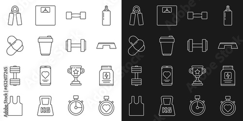 Set line Heart in the center stopwatch, Sports nutrition, Step platform, Dumbbell, Fitness shaker, expander and icon. Vector