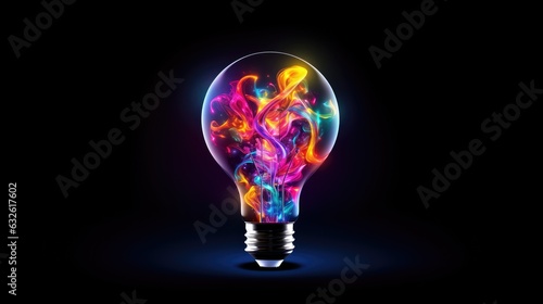 lightbulb Idea concept with colorful liquidof splashing Unique Creative idea on black background, Generative AI