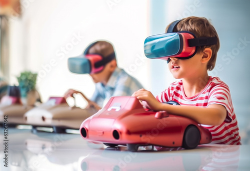 kids child play virtual reality game wear VR glasses and explore alternative reality. Cyber space and virtual gaming, Playing with videogames joystick © suthiwan