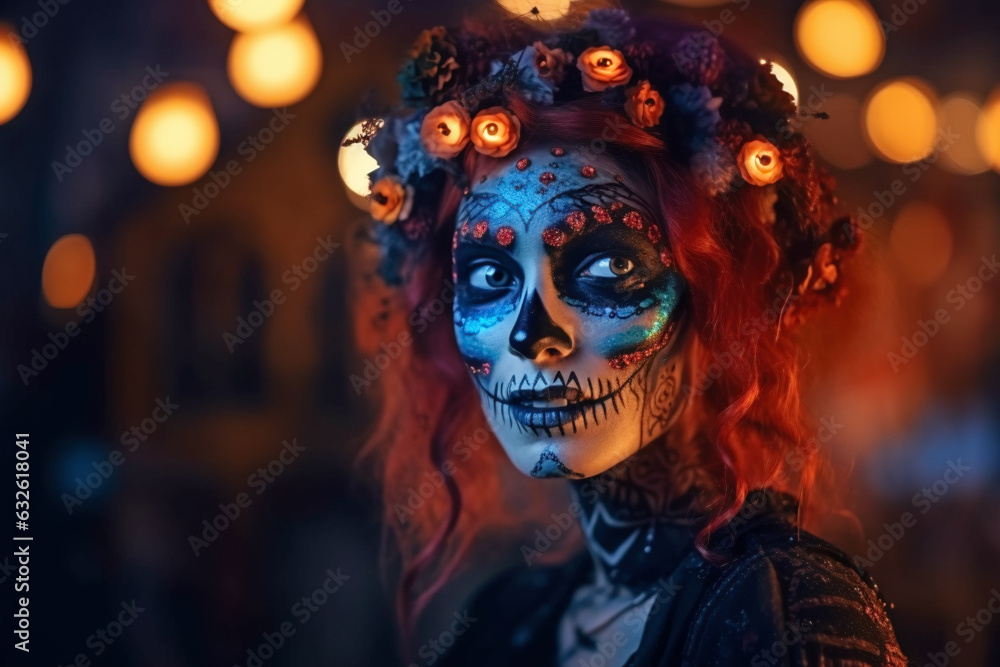 Woman with Halloween Dia de los Muertos costume face paint