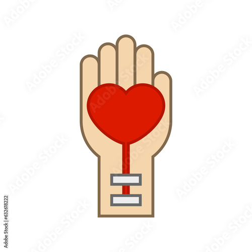 Blood transfusion and donation. Hand with donor blood in the shape of a heart.