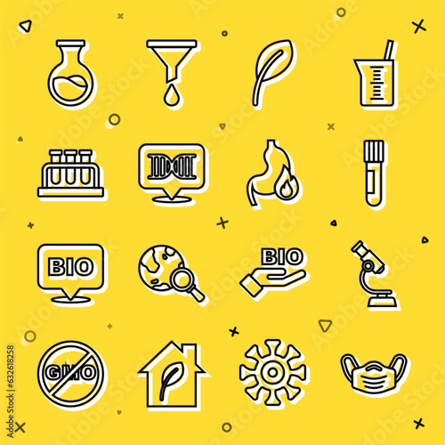 Set line Medical protective mask, Microscope, Test tube and flask, Leaf or leaves, DNA symbol, and Stomach heartburn icon. Vector