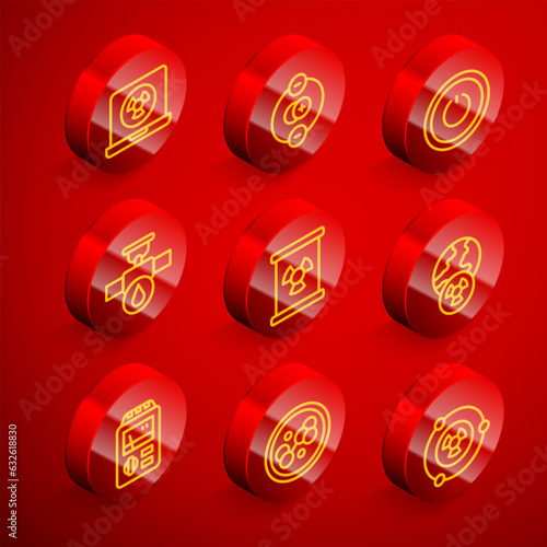 Set line Nuclear laptop, Atom, Power button, Industry pipe and valve, Radioactive waste in barrel, Planet earth radiation, Dosimeter and Molecule icon. Vector