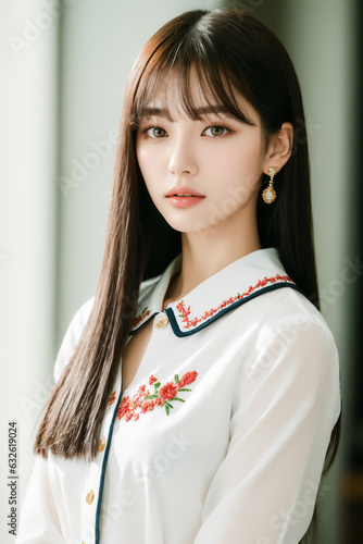 Portrait of beautiful Japanese girl with white button down with embroidered collar, sideswept fringe bangs with lengths styled pin straight. photo