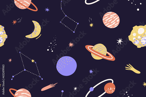 Seamless pattern of planet, star, moon, asteroid, constellation. Background of cartoon abstract cosmic objects in outer space. Childish vector illustration for fabric, backdrop, t shirt, cover, label.