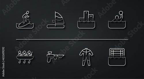 Set line Surfboard, Canoe rowing team sports, Water polo, Wetsuit for scuba diving, Fishing harpoon, Windsurfing, and Winner podium icon. Vector