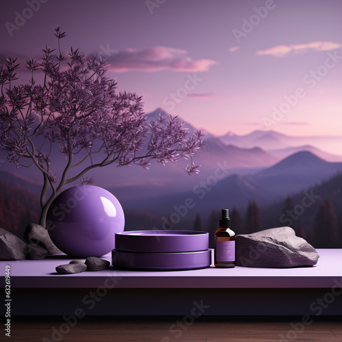 An untouched violet-colored product display stand, bold and enticing photo