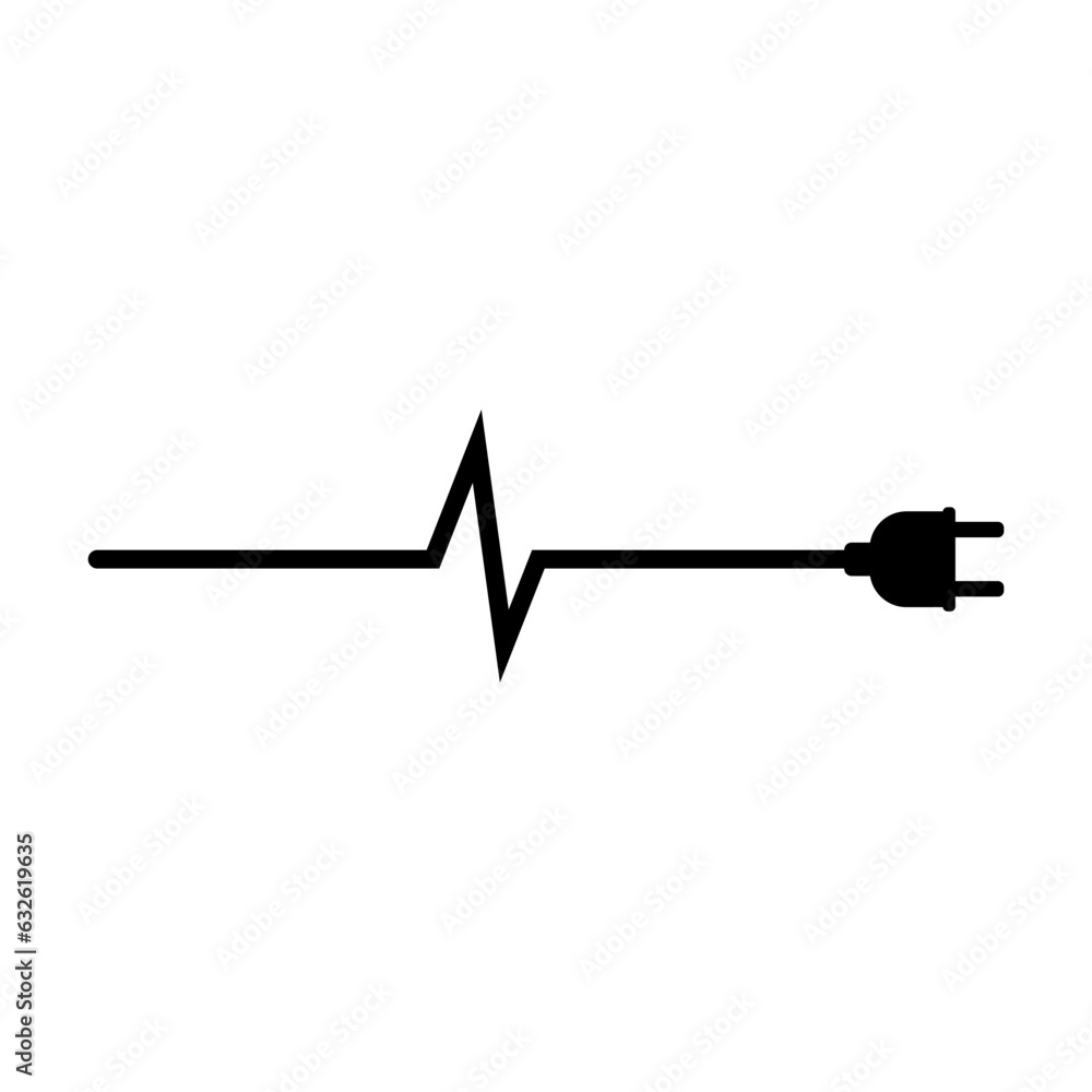 Electrical power plug with a long curved cord. Current and voltage symbol. Electrical power plug with a long curved cord. Current and voltage symbol.