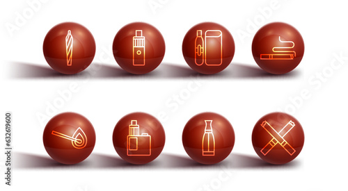 Set line Marijuana joint, spliff, Burning match with fire, Cigarette, Vape liquid bottle, mod device, and Electronic cigarette icon. Vector