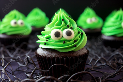 Halloween monster cupcake with green frosting and funny eyes photo