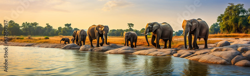 Family of African elephant, Loxodonta africana, .walking and drinking