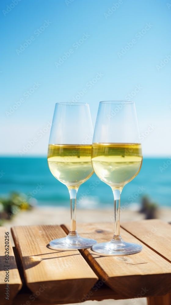 White wine on the summer sea background. AI generative. White wine on the summer sea background. AI generative.