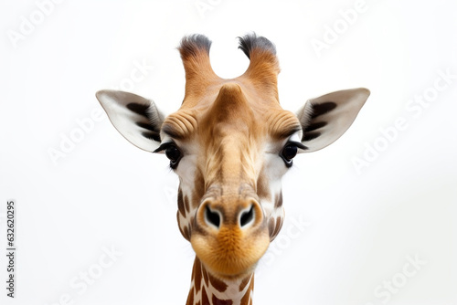 Giraffe head looking direct to camera with a curious attitude, white background.