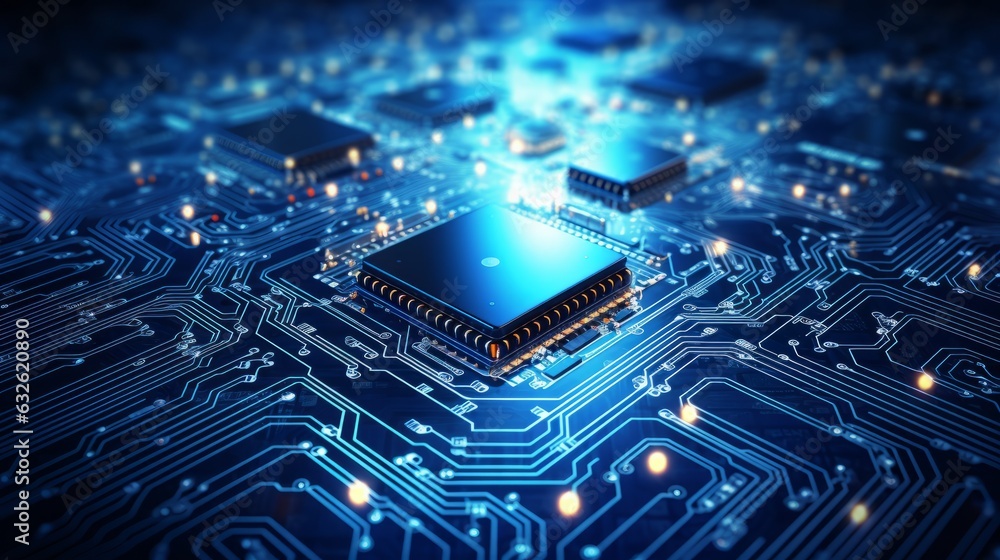 Blue circuit board. Technology with the chip in blue background. Generative AI. Blue circuit board. Technology with the chip in blue background. Generative AI.