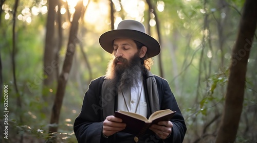 An ultra-Orthodox Jewish man in religious clothing, holding a prayer book in his handin forset  Generative AI
 photo