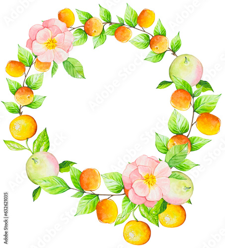 Wreath with fruits, peaches, apples, oranges and roses, watercolor