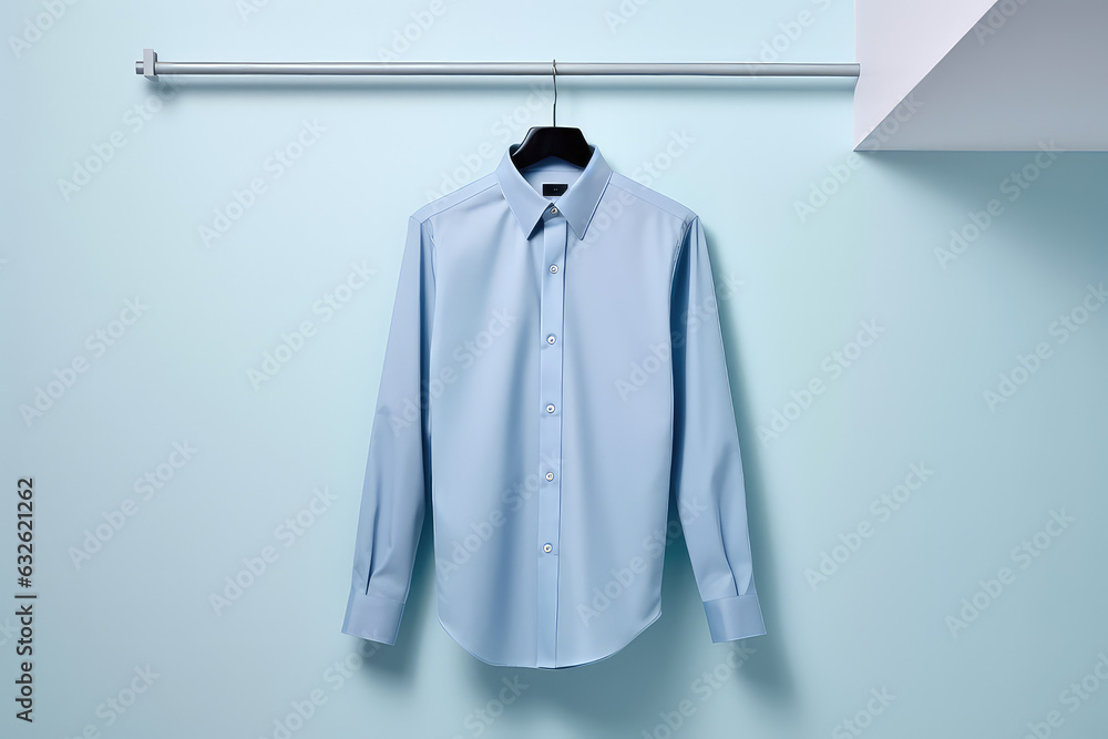 A blue shirt on a rack against minimal style wall. Creative concept of classic office wear for office workers. A blue shirt on a rack against minimal style wall. Creative concept of classic office wear for office workers.
