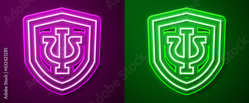 Glowing neon line Psychology icon isolated on purple and green background. Psi symbol. Mental health concept, psychoanalysis analysis and psychotherapy. Vector