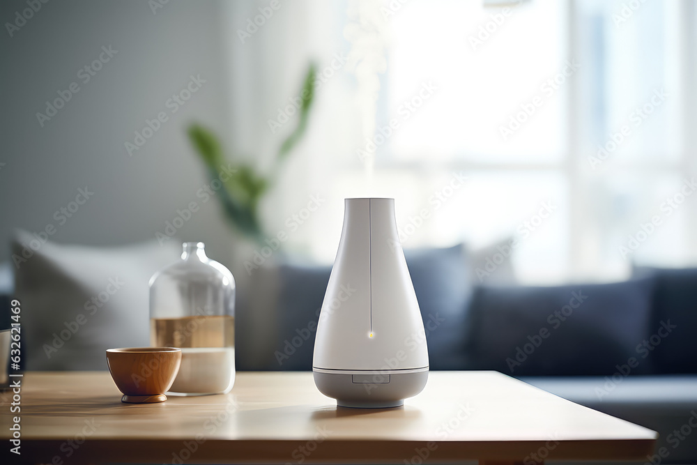 Humidifier on a table in a living room at home blurred background. White plastic humidifier with white steam jet in cozy interior design, commercial photo. Humidifier on a table in a living room at home blurred background. White plastic humidifier with white steam jet in cozy interior design, commercial photo.
