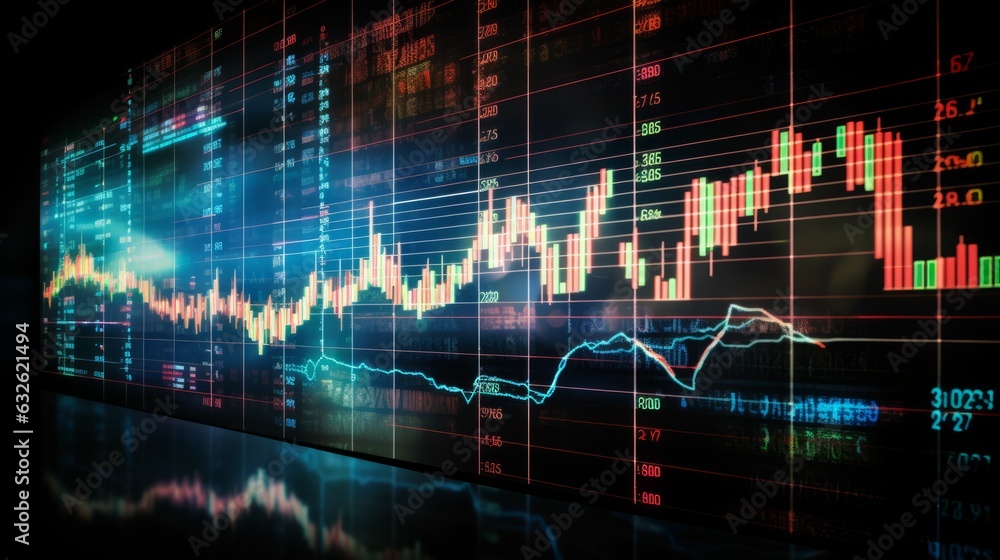 illustration of a finger pointing at a stock statistics data hologram on screen. Generative AI illustration of a finger pointing at a stock statistics data hologram on screen. Generative AI