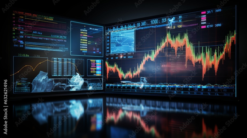 illustration of a finger pointing at a stock statistics data hologram on screen. Generative AI