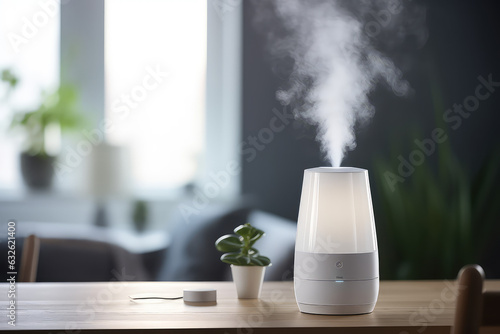 Humidifier on a table in a living room at home blurred background. White plastic humidifier with white steam jet in cozy interior design, commercial photo for catalog. photo