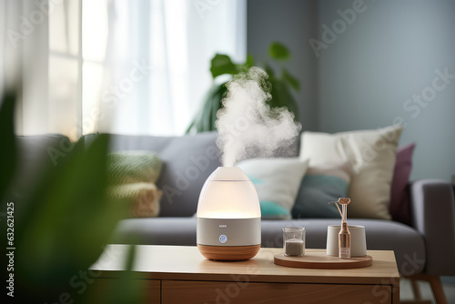 Humidifier on a table in a living room at home blurred background. White plastic humidifier with white steam jet in cozy interior design  commercial photo.